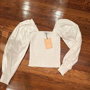 La Ligne White Blouse with Smocked Bodice and Long Puff Sleeves NWT small